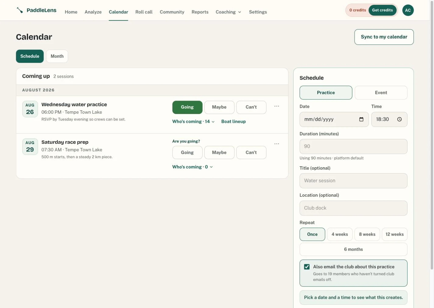 PaddleLens practice calendar with member RSVP responses