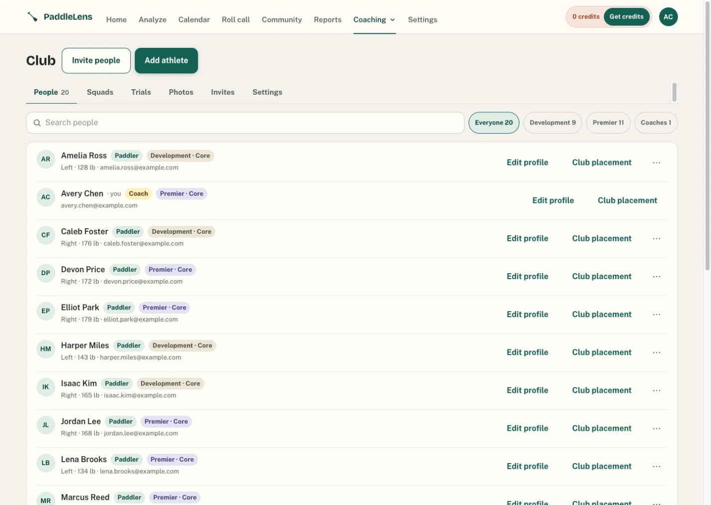 PaddleLens roster showing club members, roles and squads